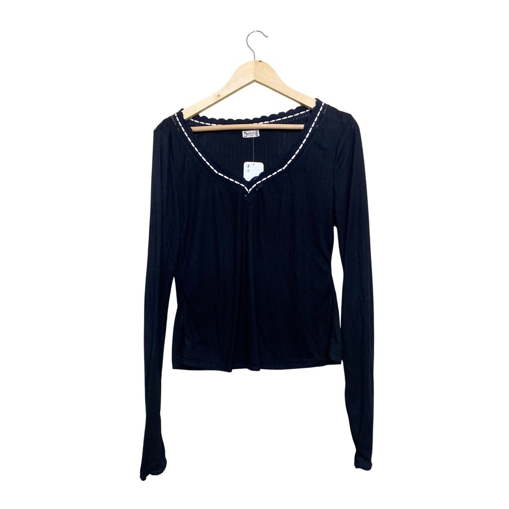 Intimately‎ Free People Black Ribbed Crochet Trim V-Neck Long Sleeve Top L NEW